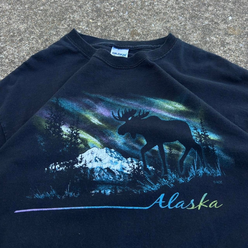 Vintage 2000s Alaska Moose Northern Lights Shirt nature outdoors mens Large (c1)